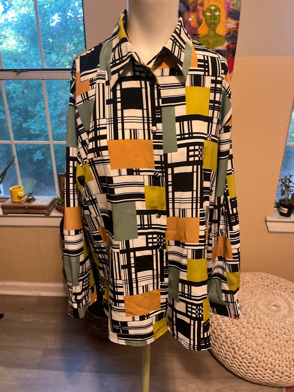 Woman Milano Geometric Print Button-Up Shirt in Black, White, Olive & Mustard